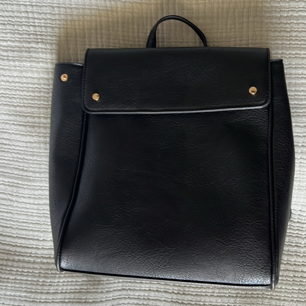 Black Faux Leather Backpack Purse w/ Gold Hardware